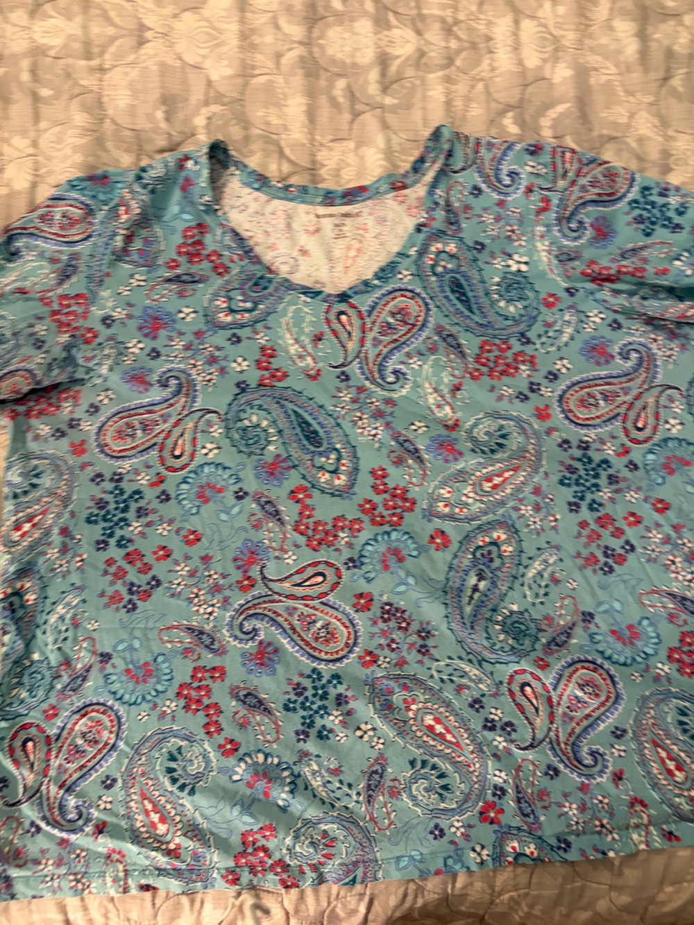 Woman Within Teal Paisley Floral Blouse Red & Navy Accents